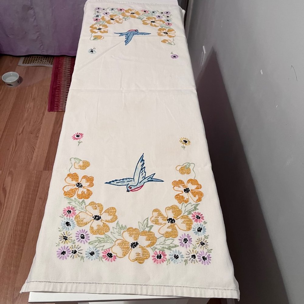 Vintage Hand Embroidered Table Runner blue bird and flower design